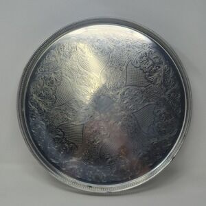 Vintage P.M. Italy Silver Plated 14" Gallery Tray Round Etched Pierced Rim Bar